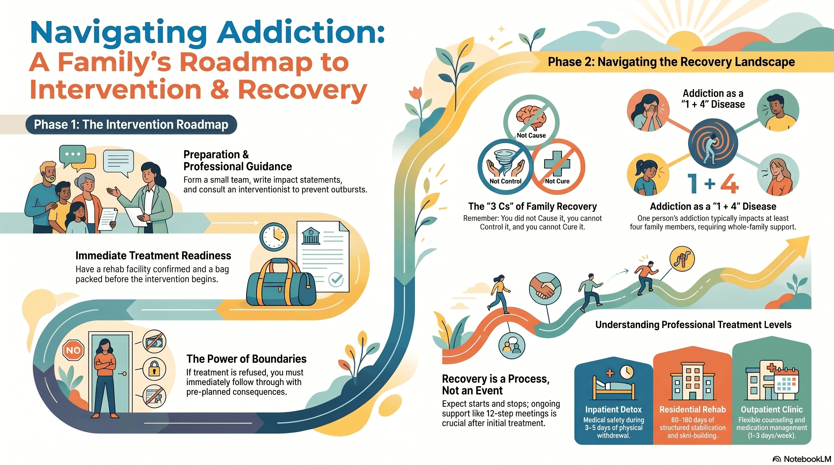 Addiction intervention and recovery roadmap — how families can plan a supportive intervention and the path to treatment.
