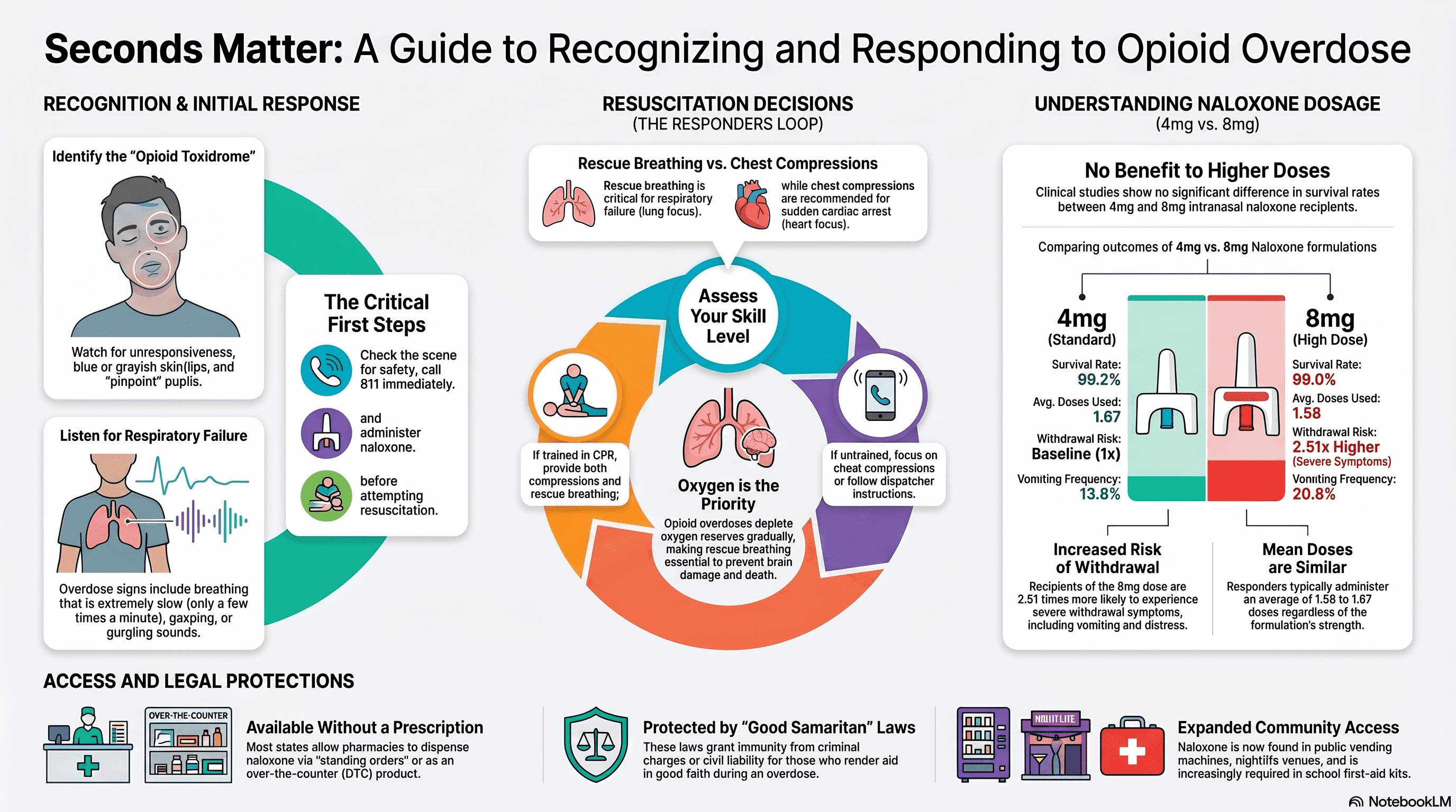 Seconds Matter: a visual guide to recognizing and responding to an opioid overdose, covering signs, first steps, rescue breathing vs. chest compressions, and naloxone dosing.