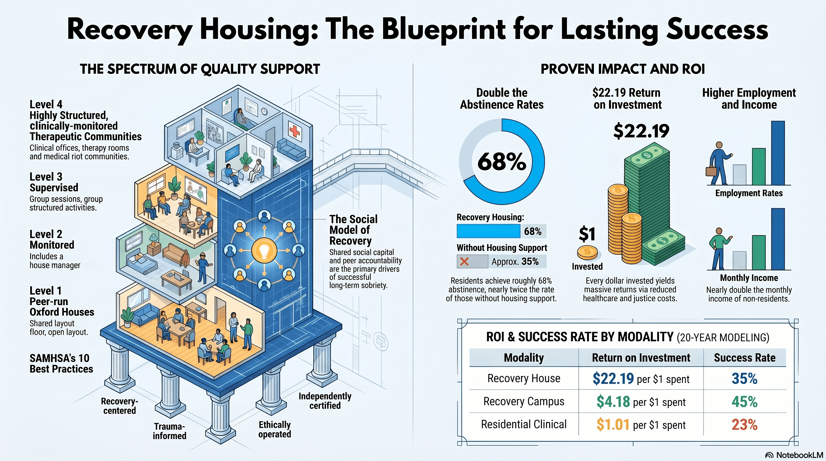 Infographic: Recovery Housing — the spectrum of housing support levels (peer-run to clinically monitored) and its impact on long-term recovery outcomes.