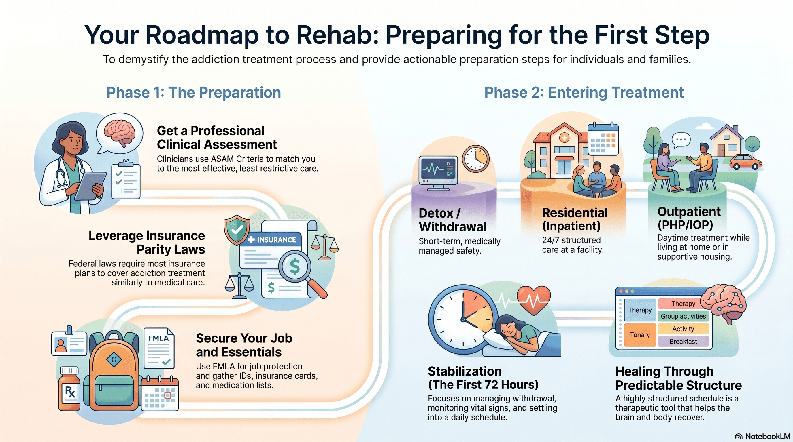 Your Roadmap to Rehab — an overview of preparing for treatment, levels of care, and what to expect.